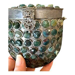 Vintage Sajai Crystal Natural Gem Jeweled Metal Purse Clutch Kitchy Renaissance